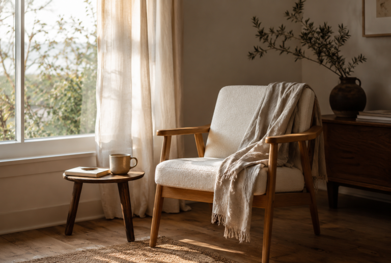 calm reading nook with a cup of coffee on the table