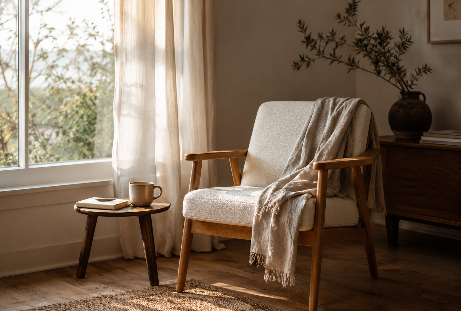 Home calm reading nook with a cup of coffee on the table